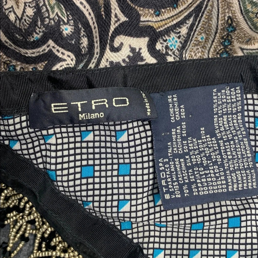 ETRO MIlano Triangular Paisley Print CASHMERE & SILK Scarf Tassel in Teal/Black - Picture 4 of 6